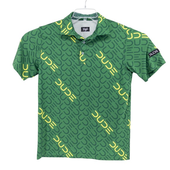 Waggle Mens Small Golf Polo Shirt Dude All Over Print Stretch Green Short Sleeve - Picture 2 of 7